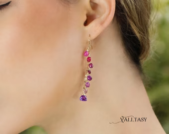 - Solid Gold 14K Pink Purple Gemstone Earrings Cascade, Colorful Long Multi Gemstone Earrings