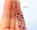 - Solid Gold 14K Pink Purple Gemstone Earrings Cascade, Colorful Long Multi Gemstone Earrings