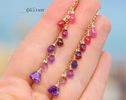 - Solid Gold 14K Pink Purple Gemstone Earrings Cascade, Colorful Long Multi Gemstone Earrings