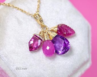 - Solid Gold 14K Pink Sapphire and Pink Tourmaline Charm with a Lobster Clasp