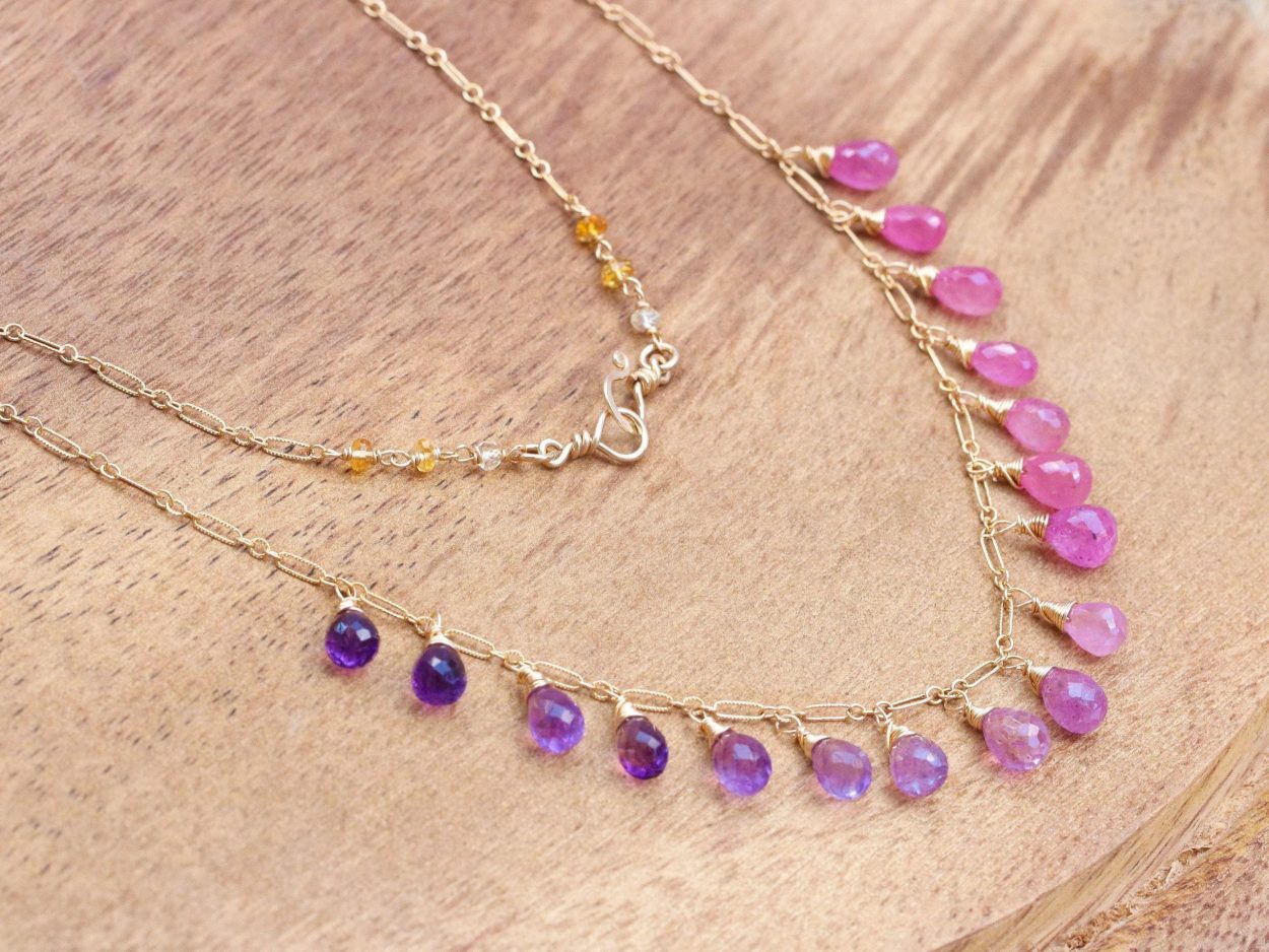 - Solid Gold 14K Pink Sapphire and Purple Amethyst Drop Necklace, Dainty Gemstone Necklace