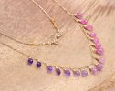 - Solid Gold 14K Pink Sapphire and Purple Amethyst Drop Necklace, Dainty Gemstone Necklace