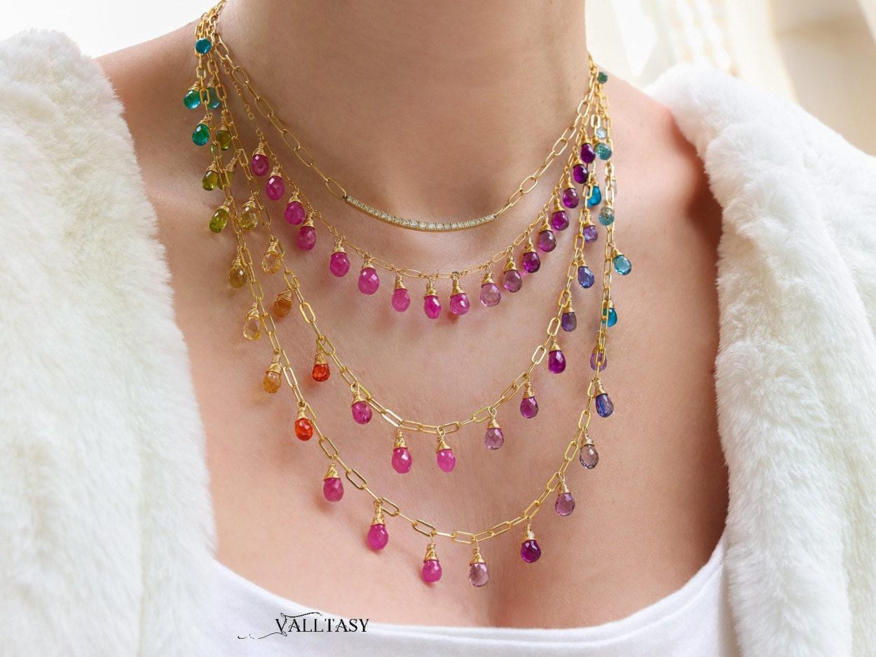 - Solid Gold 14K Pink Sapphire and Purple Amethyst Drop Necklace, Dainty Gemstone Necklace