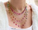 - Solid Gold 14K Pink Sapphire and Purple Amethyst Drop Necklace, Dainty Gemstone Necklace