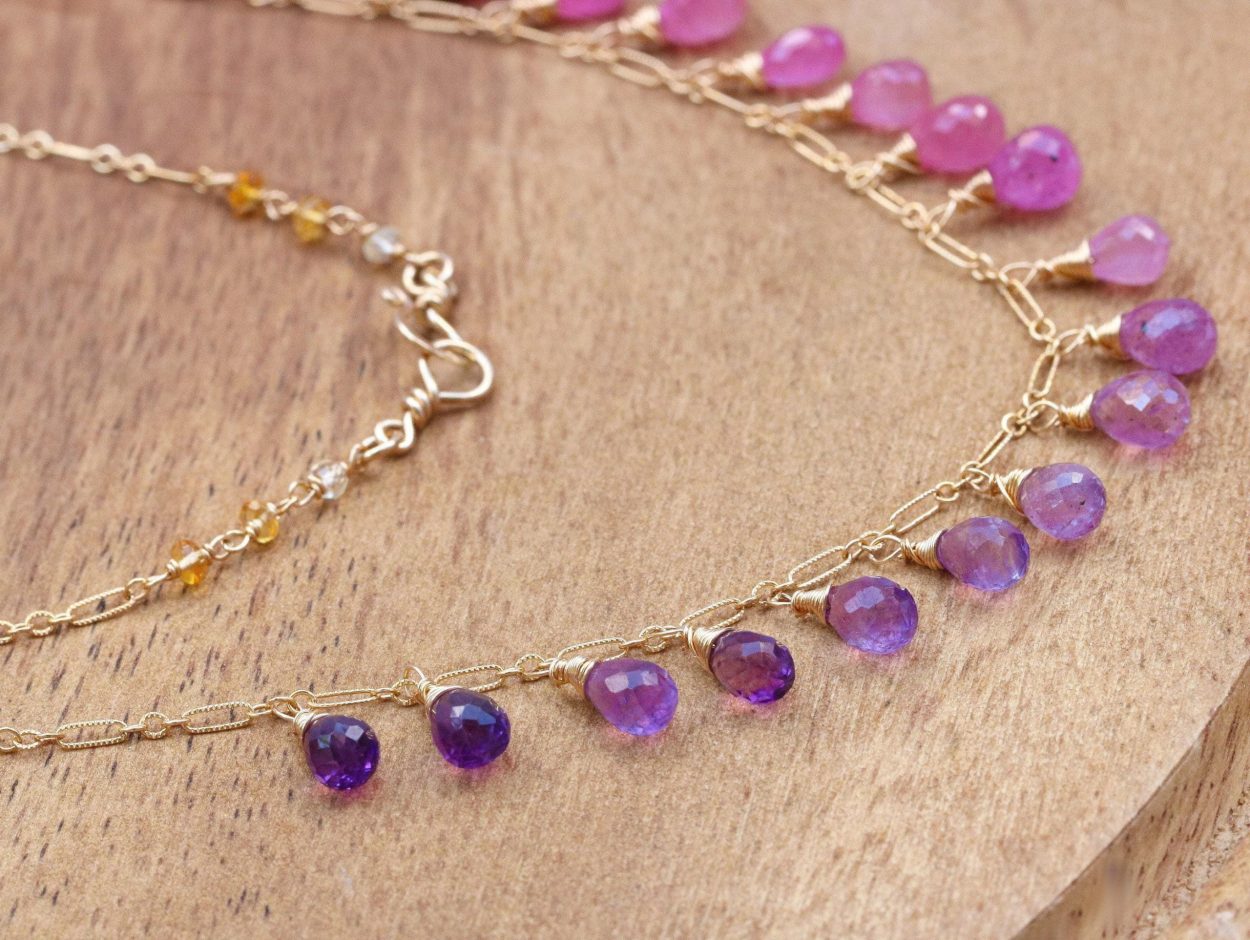 - Solid Gold 14K Pink Sapphire and Purple Amethyst Drop Necklace, Dainty Gemstone Necklace