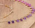 - Solid Gold 14K Pink Sapphire and Purple Amethyst Drop Necklace, Dainty Gemstone Necklace