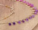 - Solid Gold 14K Pink Sapphire and Purple Amethyst Drop Necklace, Dainty Gemstone Necklace
