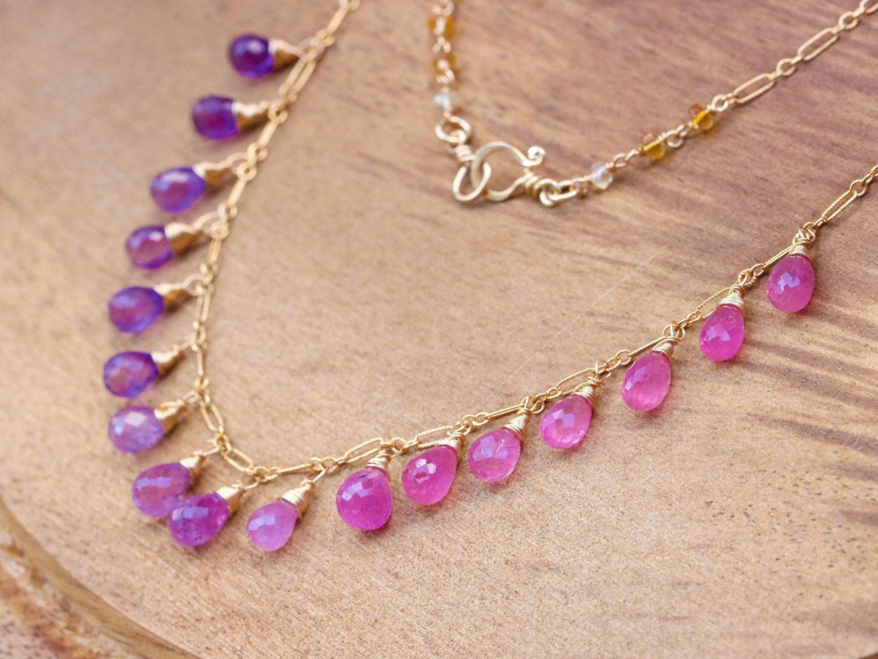 - Solid Gold 14K Pink Sapphire and Purple Amethyst Drop Necklace, Dainty Gemstone Necklace