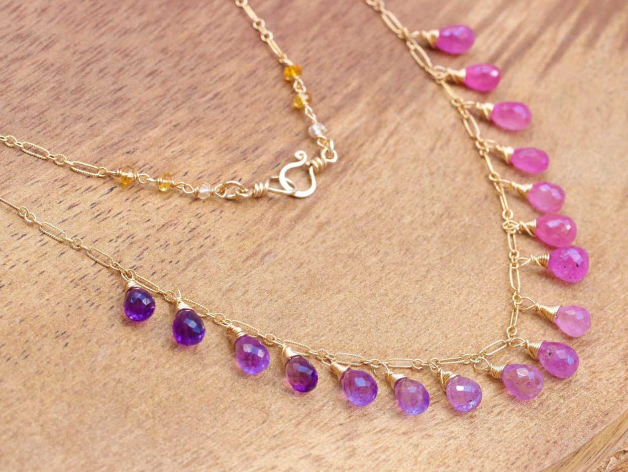 - Solid Gold 14K Pink Sapphire and Purple Amethyst Drop Necklace, Dainty Gemstone Necklace