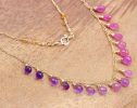 - Solid Gold 14K Pink Sapphire and Purple Amethyst Drop Necklace, Dainty Gemstone Necklace