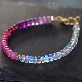 My Pink Other Half Bracelet - Solid Gold 14K Pink Sapphire and Rainbow Moonstone Bracelet, Moonstone Pink Beaded Bracelet
