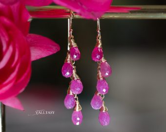 - Solid Gold 14K Pink Sapphire Earrings, Pink Gemstone Drop Earrings