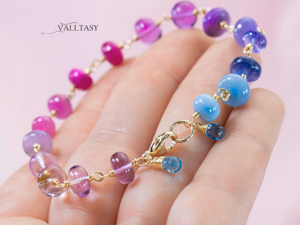 - Solid Gold 14K Purple Pink Gemstone Bracelet, Wire Wrapped Bracelet with Pink Sapphires, Rubies and Tanzanites