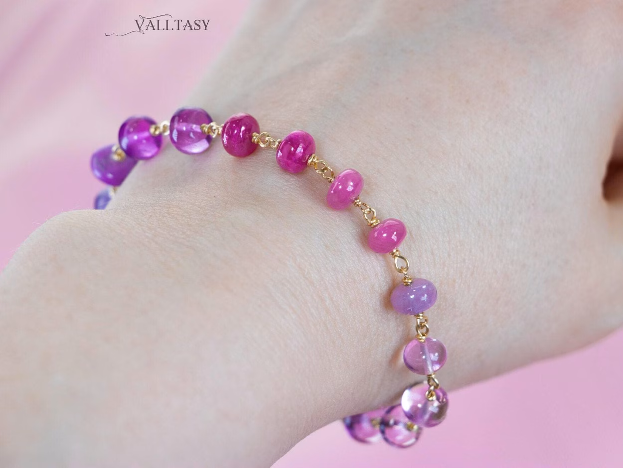 - Solid Gold 14K Purple Pink Gemstone Bracelet, Wire Wrapped Bracelet with Pink Sapphires, Rubies and Tanzanites