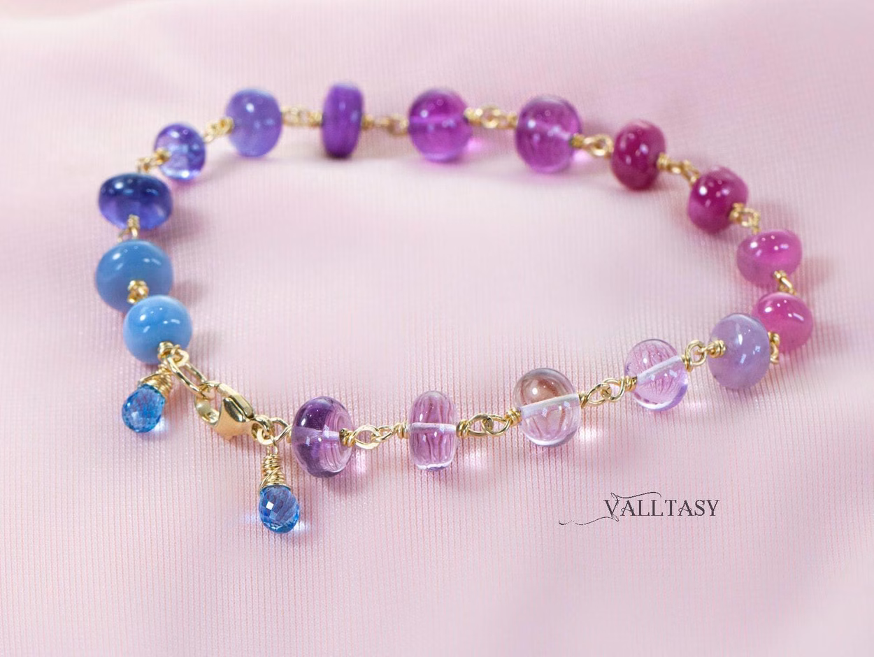 - Solid Gold 14K Purple Pink Gemstone Bracelet, Wire Wrapped Bracelet with Pink Sapphires, Rubies and Tanzanites