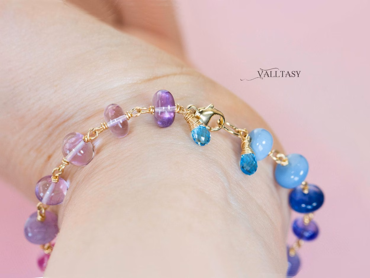 - Solid Gold 14K Purple Pink Gemstone Bracelet, Wire Wrapped Bracelet with Pink Sapphires, Rubies and Tanzanites