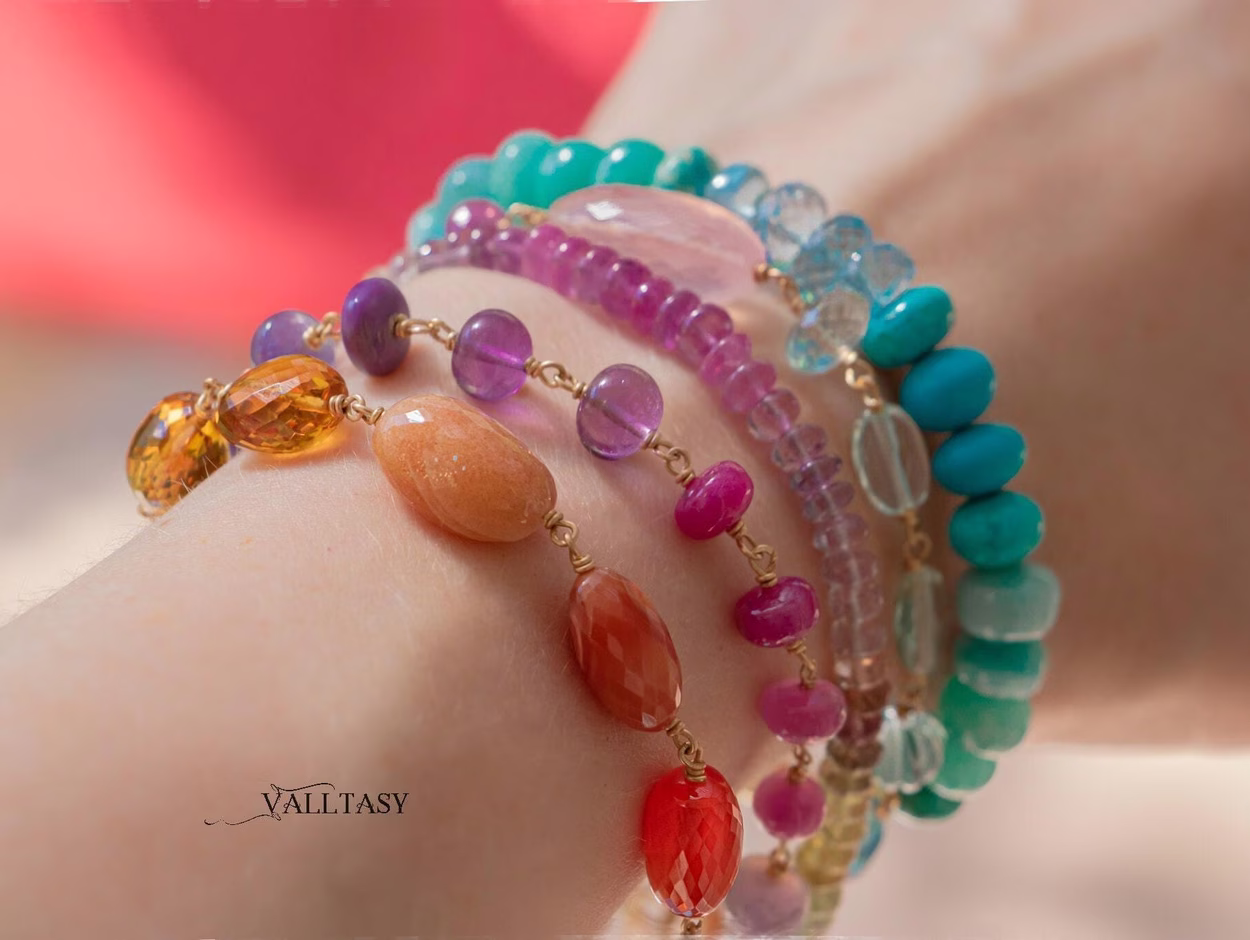 - Solid Gold 14K Purple Pink Gemstone Bracelet, Wire Wrapped Bracelet with Pink Sapphires, Rubies and Tanzanites