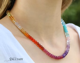 - Solid Gold 14K Rainbow Beaded Necklace, Colorful Multi Gemstone Necklace