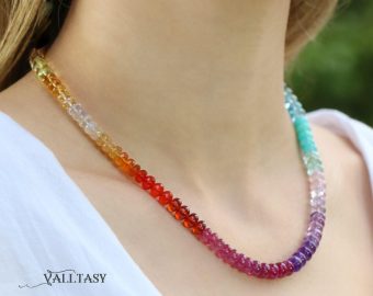 - Solid Gold 14K Rainbow Beaded Necklace, Colorful Multi Gemstone Necklace