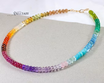 - Solid Gold 14K Rainbow Beaded Necklace, Colorful Multi Gemstone Necklace