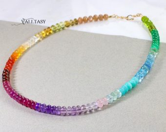 - Solid Gold 14K Rainbow Beaded Necklace, Colorful Multi Gemstone Necklace