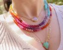 - Solid Gold 14K Rainbow Beaded Necklace, Colorful Multi Gemstone Necklace