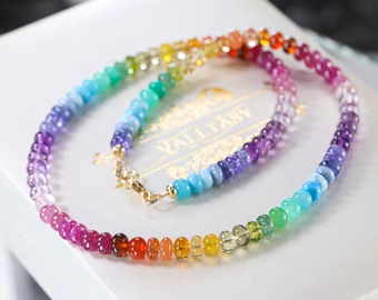 - Solid Gold 14K Rainbow Gemstone Necklace, Multi Stone Colorful Beaded Necklace