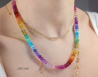 - Solid Gold 14K Rainbow Gemstone Necklace, Multi Stone Colorful Beaded Necklace