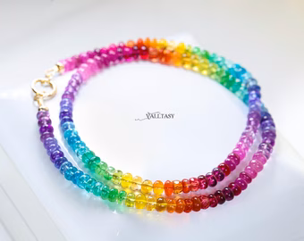 - Solid Gold 14K Rainbow Genuine Gemstone Necklace, Multi Gemstone Beaded Necklace