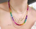 - Solid Gold 14K Rainbow Genuine Gemstone Necklace, Multi Gemstone Beaded Necklace