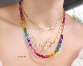 - Solid Gold 14K Rainbow Genuine Gemstone Necklace, Multi Gemstone Beaded Necklace