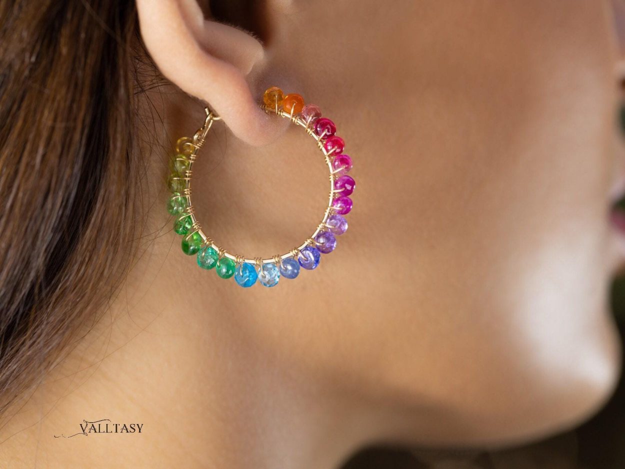 - Solid Gold 14K Rainbow Hoop Earrings