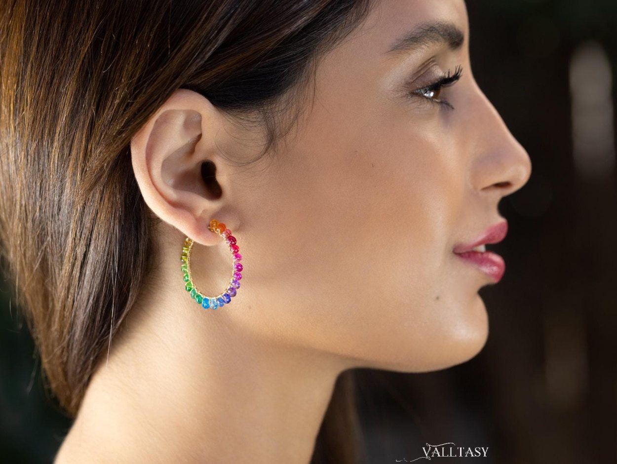 - Solid Gold 14K Rainbow Hoop Earrings
