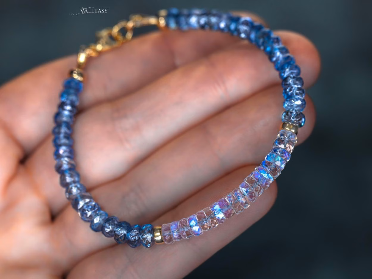 - Solid Gold 14K Rainbow Moonstone and Santa Maria Aquamarine Bracelet, Aquamarine and Moonstone Beaded Bracelet