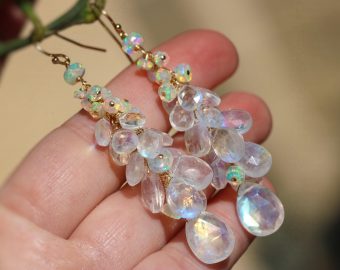 - Solid Gold 14K Rainbow Moonstone and Welo Ethiopian Opal Cascade Cluster Earrings, Long Statement Earrings
