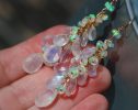 - Solid Gold 14K Rainbow Moonstone and Welo Ethiopian Opal Cascade Cluster Earrings, Long Statement Earrings
