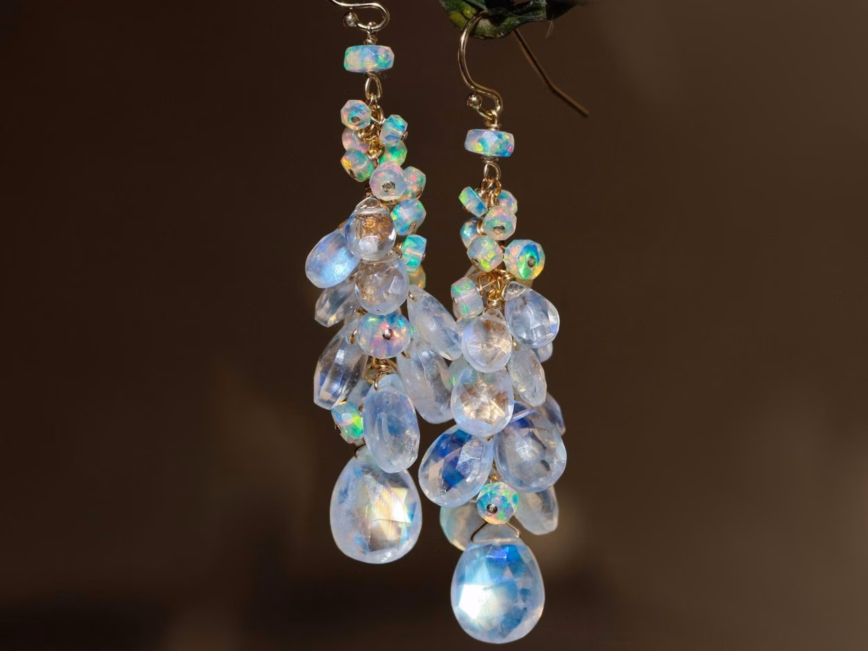 - Solid Gold 14K Rainbow Moonstone and Welo Ethiopian Opal Cascade Cluster Earrings, Long Statement Earrings