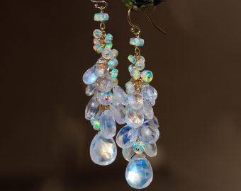 - Solid Gold 14K Rainbow Moonstone and Welo Ethiopian Opal Cascade Cluster Earrings, Long Statement Earrings