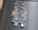 - Solid Gold 14K Rainbow Moonstone and Welo Ethiopian Opal Cascade Cluster Earrings, Long Statement Earrings