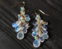 - Solid Gold 14K Rainbow Moonstone and Welo Ethiopian Opal Cascade Cluster Earrings, Long Statement Earrings