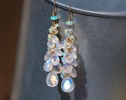 - Solid Gold 14K Rainbow Moonstone and Welo Ethiopian Opal Cascade Cluster Earrings, Long Statement Earrings