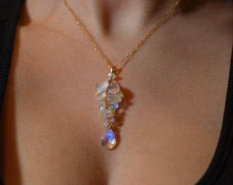 - Solid Gold 14K Rainbow Moonstone and Welo Ethiopian Opal Pendant, Cascade Statement Necklace