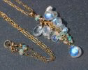 - Solid Gold 14K Rainbow Moonstone and Welo Ethiopian Opal Pendant, Cascade Statement Necklace