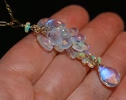 - Solid Gold 14K Rainbow Moonstone and Welo Ethiopian Opal Pendant, Cascade Statement Necklace