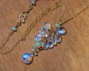 - Solid Gold 14K Rainbow Moonstone and Welo Ethiopian Opal Pendant, Cascade Statement Necklace