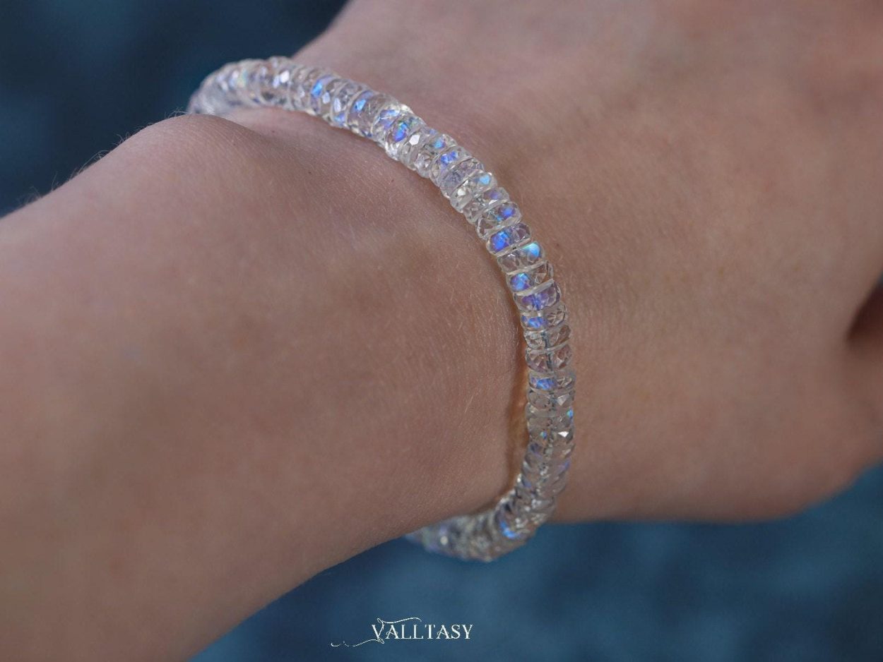 - Solid Gold 14K Rainbow Moonstone Blue Fire Bracelet, Heishi Moonstone Beaded Bracelet