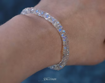 - Solid Gold 14K Rainbow Moonstone Blue Fire Bracelet, Heishi Moonstone Beaded Bracelet