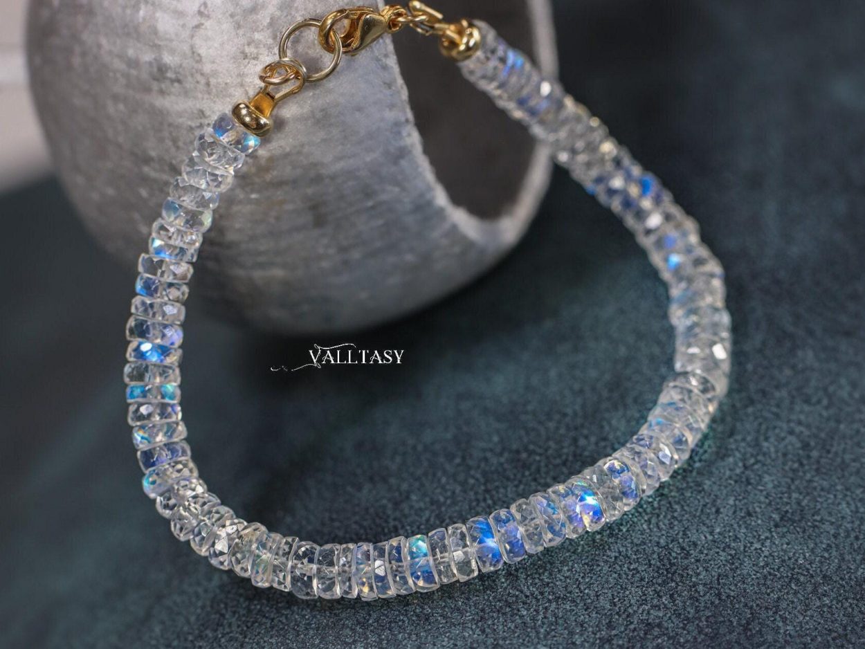 - Solid Gold 14K Rainbow Moonstone Blue Fire Bracelet, Heishi Moonstone Beaded Bracelet