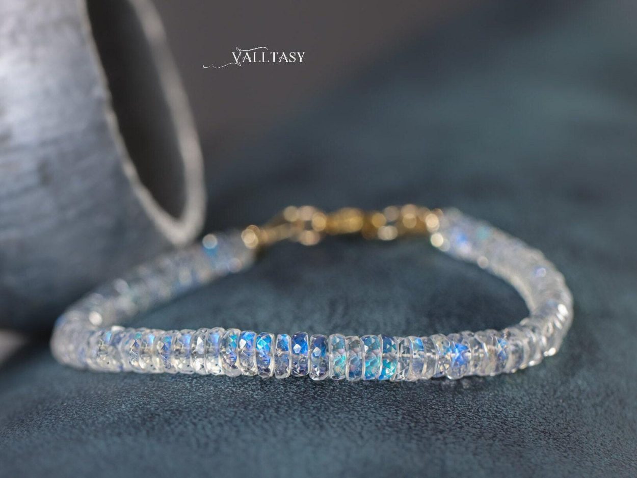 - Solid Gold 14K Rainbow Moonstone Blue Fire Bracelet, Heishi Moonstone Beaded Bracelet