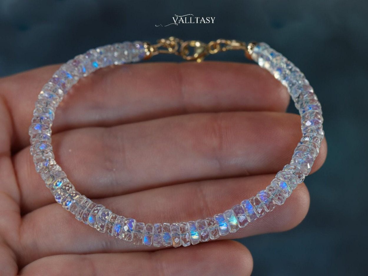 - Solid Gold 14K Rainbow Moonstone Blue Fire Bracelet, Heishi Moonstone Beaded Bracelet